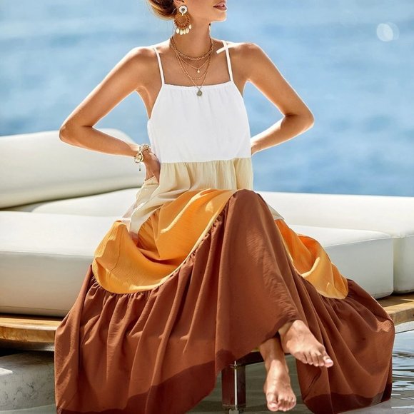 . Dresses & Skirts - Multicolor Casual Womens Colorblock Ruffle Hem Cami Dress